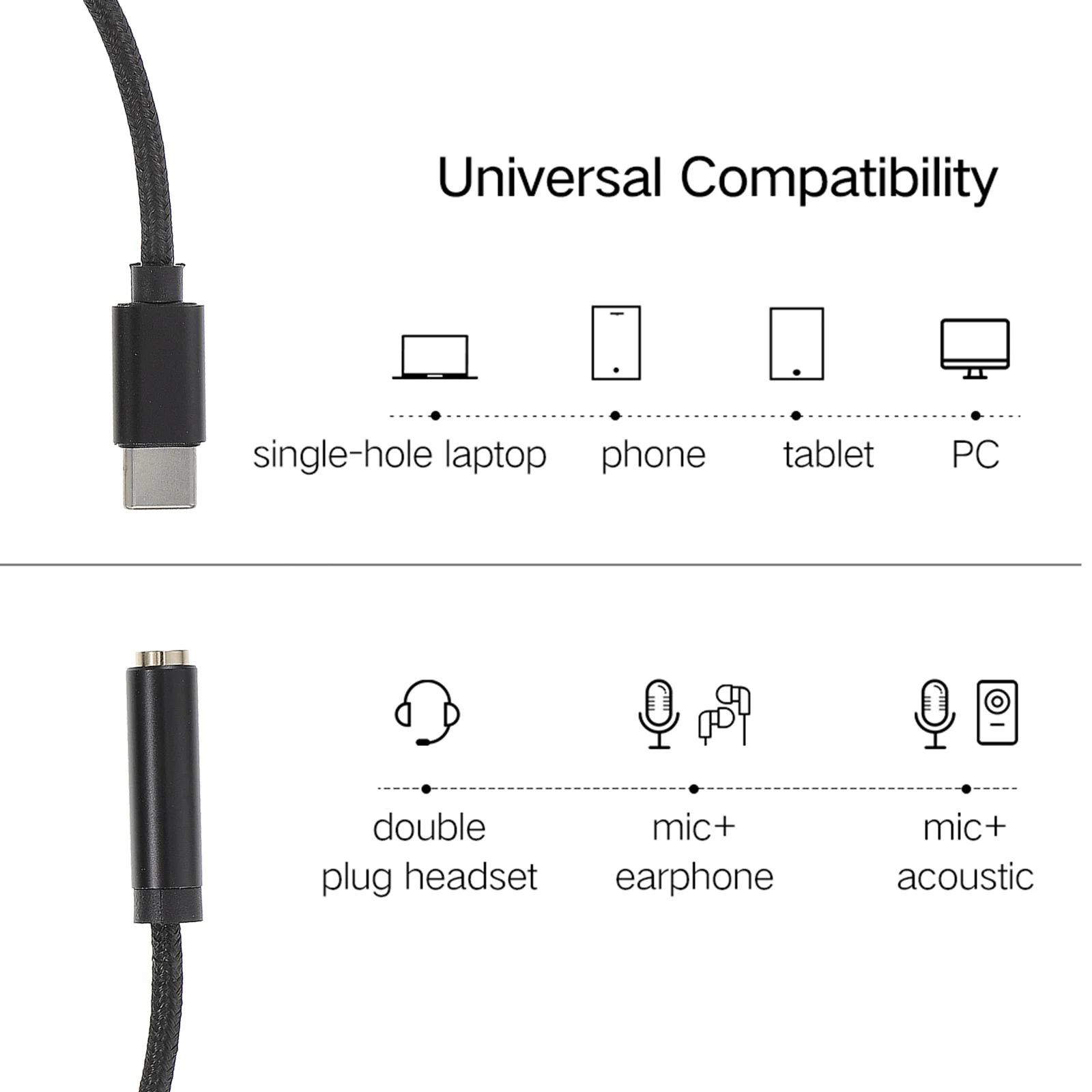 

USB Type Adapter Durable Aluminum Alloy Nylon Braided Earphone Converter Cable for Headphones 3.5mm Jack