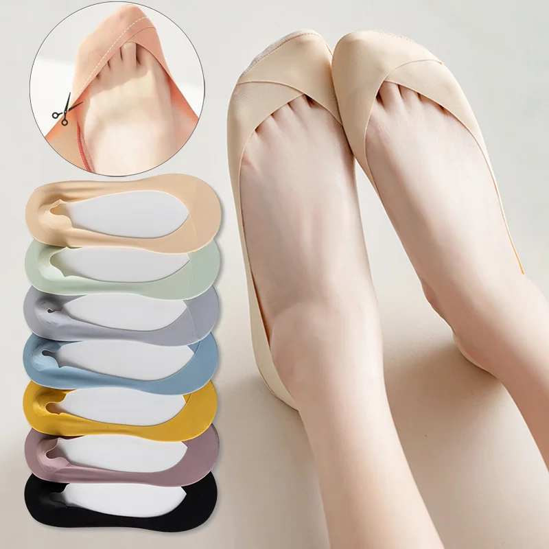 Women's Shallow Mouth Socks Ultra-Thin No Trace Invisible Sock Slippers Summer Ice Silk Boat Socks Anti-Skid Silicone Boat Socks