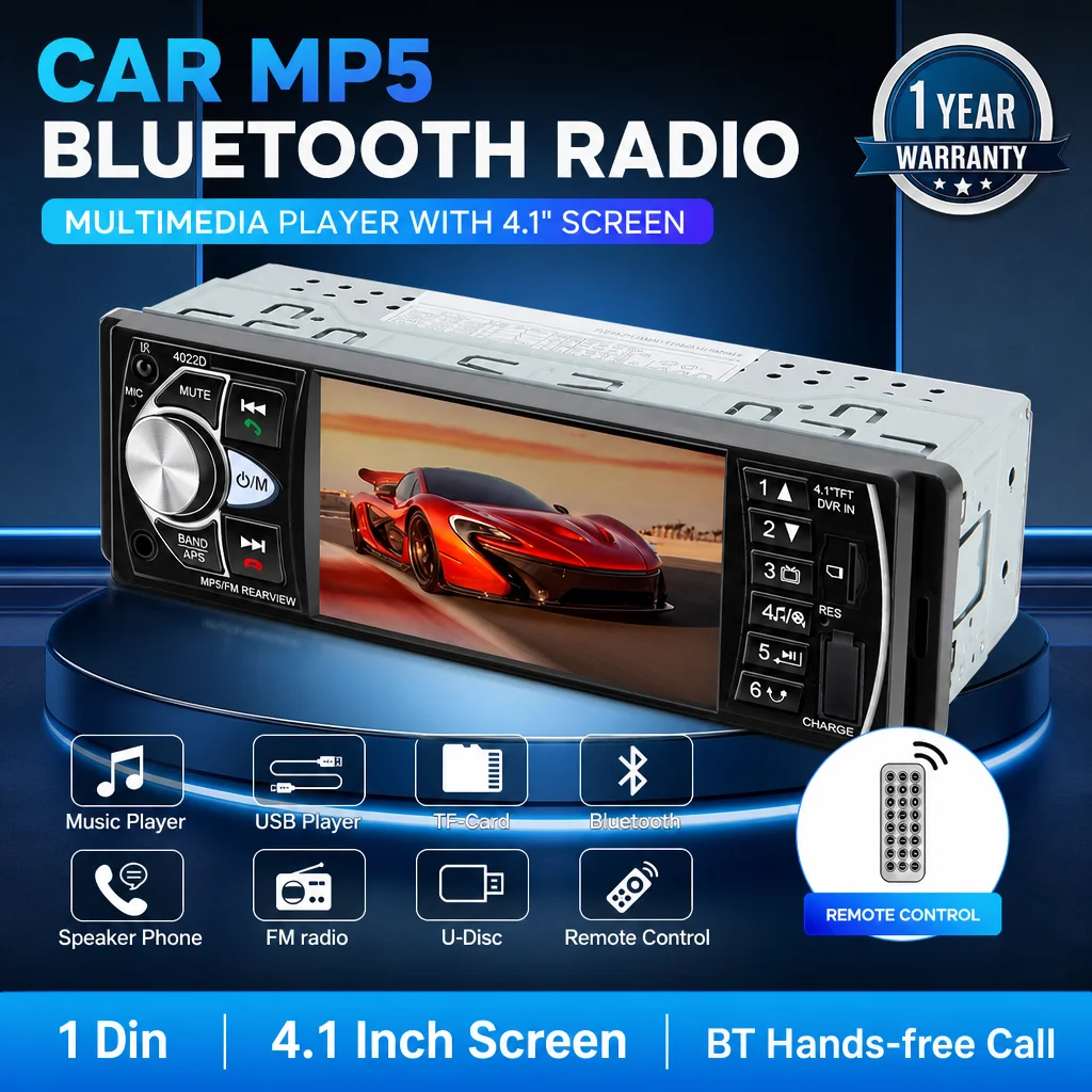 HIPPCRON 1DIN Autoradio Stereo 4,1 Zoll MP5 Bluetooth 5.0 FM AUX Player mit Unterstützung für Rückfahrkamera und Lenkradsteuerung ohne Touchfunktion