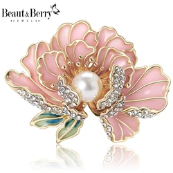 Beaut&Berry Elegant Pearl Peony Flower Brooches for Women Rhinestone Plant Pin Luxury Banquet Wedding Jewelry Friends Gifts