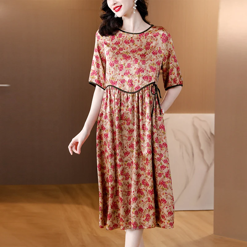 

Women Floral Silk O-Neck Long Dress 2024 International Brand Dresses Summer Maxi Dresses Party Evening Elegant Luxury Vestidos