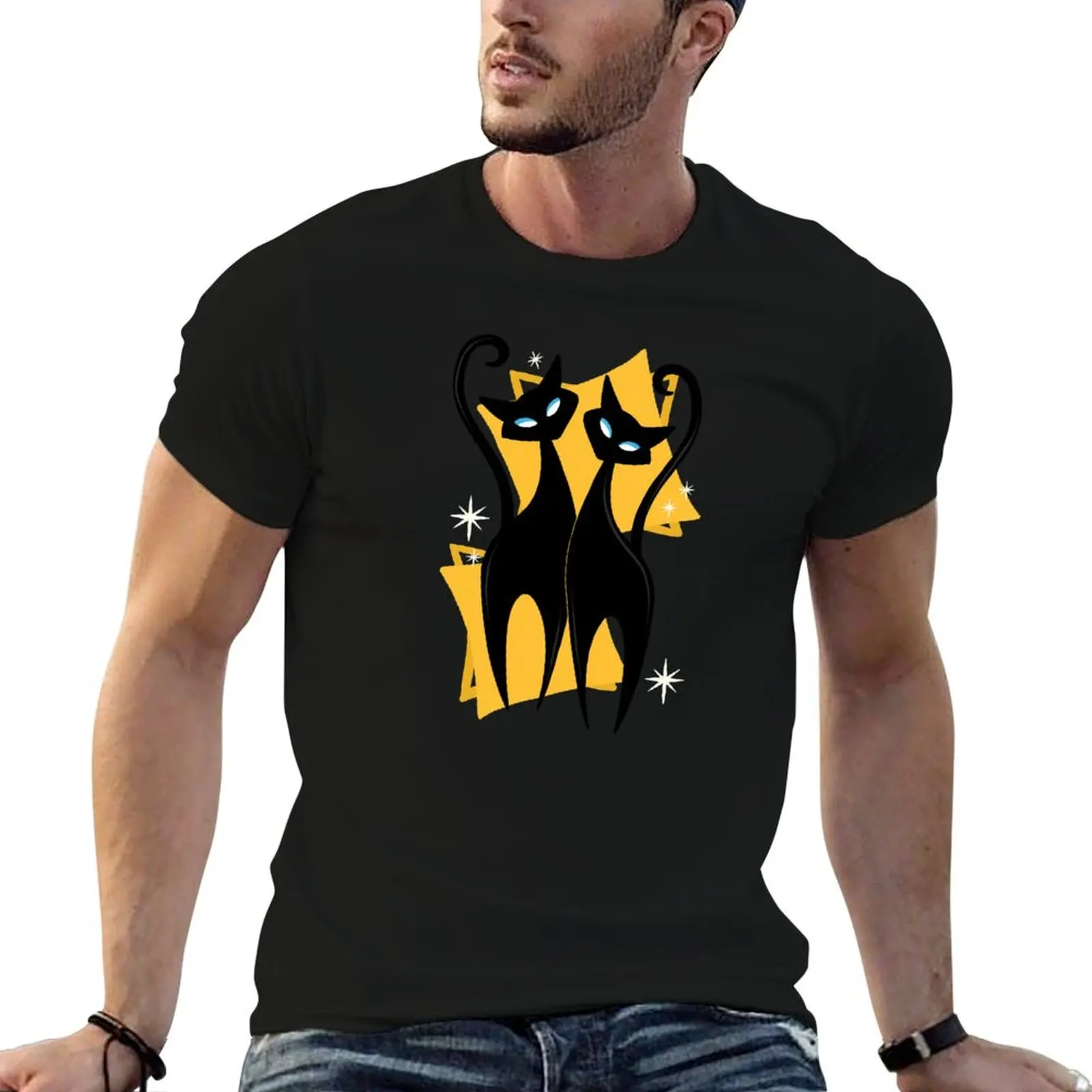 Sunshine Spectacular Atomic Age Black Kitschy Cats T-Shirt Festival Casual Short Sleeve