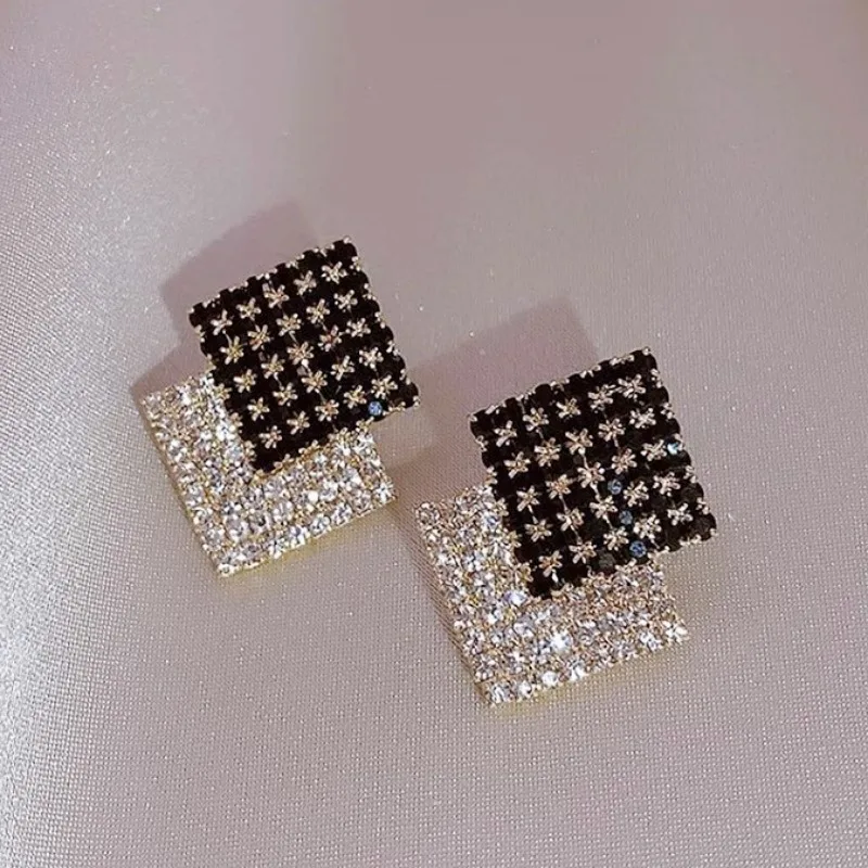 Black White Square Big Full Crystal Rhinestone Stud Earring for Women New Geometry Transparent Jewelry Christmas Girl Gift