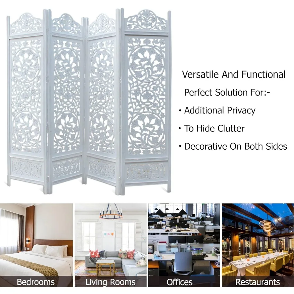 مقسم غرفة قابل للطي مكون من 4 ألواح من القطن مع لمسة نهائية بيضاء عتيقة من Kamal، 72 × 80 - شاشة أرضية خشبية محمولة وقابلة للعكس f #5