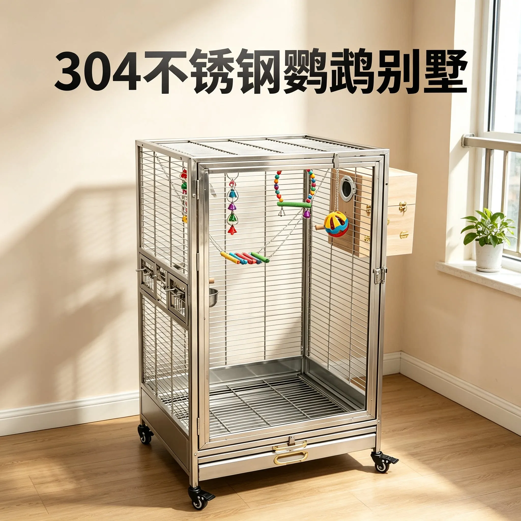 304 stainless steel luxury villa bird cage splash-proof transparent glass large large parrot special cage breeding cage