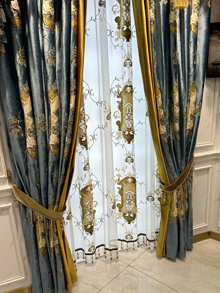 high-grade Northern Custom European bronzing Embroidery cloth Velvet curtain blue livingroom valance tulle M1709