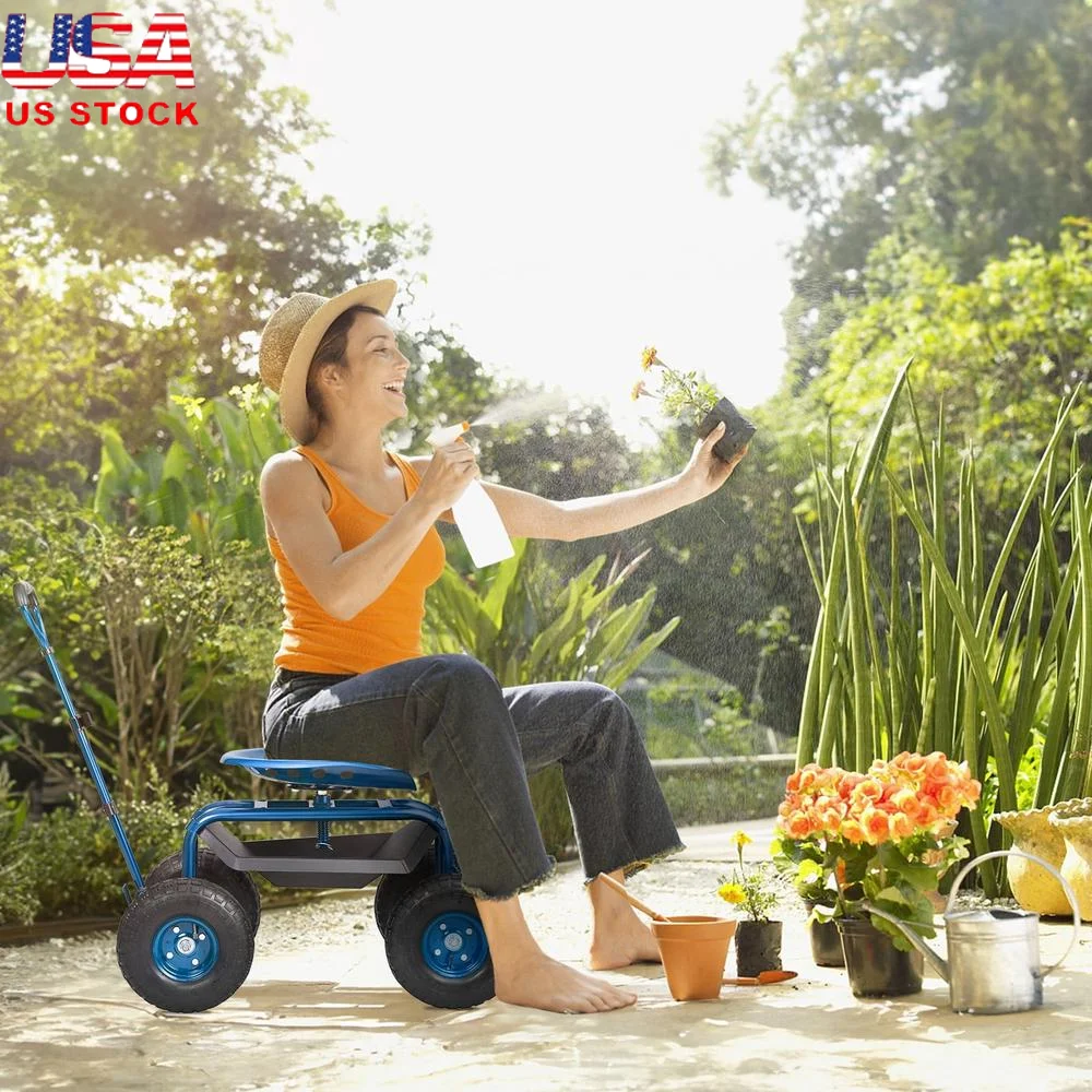 

Rolling Garden Cart with Swivel Seat and Inflatable Tires Adjustable Handle Durable Metal Storage Ergonomic Gardening Wheelchair