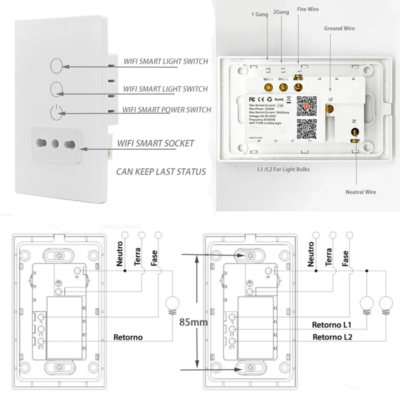 

Tuya Wifi Smart Italy Light Switch Wall Socket Chile Outlet Glass Panel Plug Intelligent Remote For Smartlife