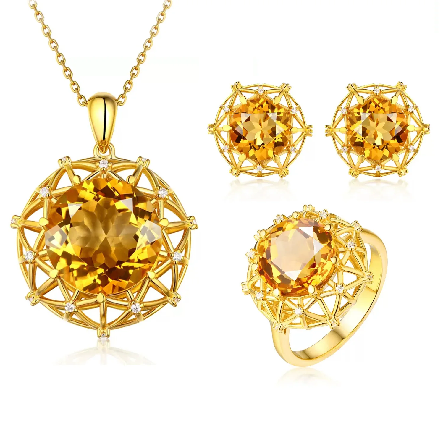 Luxury Big 10 Carat Round Yellow Crystal Jewelry Sets Gold Color CZ Stone Pendant Necklaces Stud Earrings Rings For Women