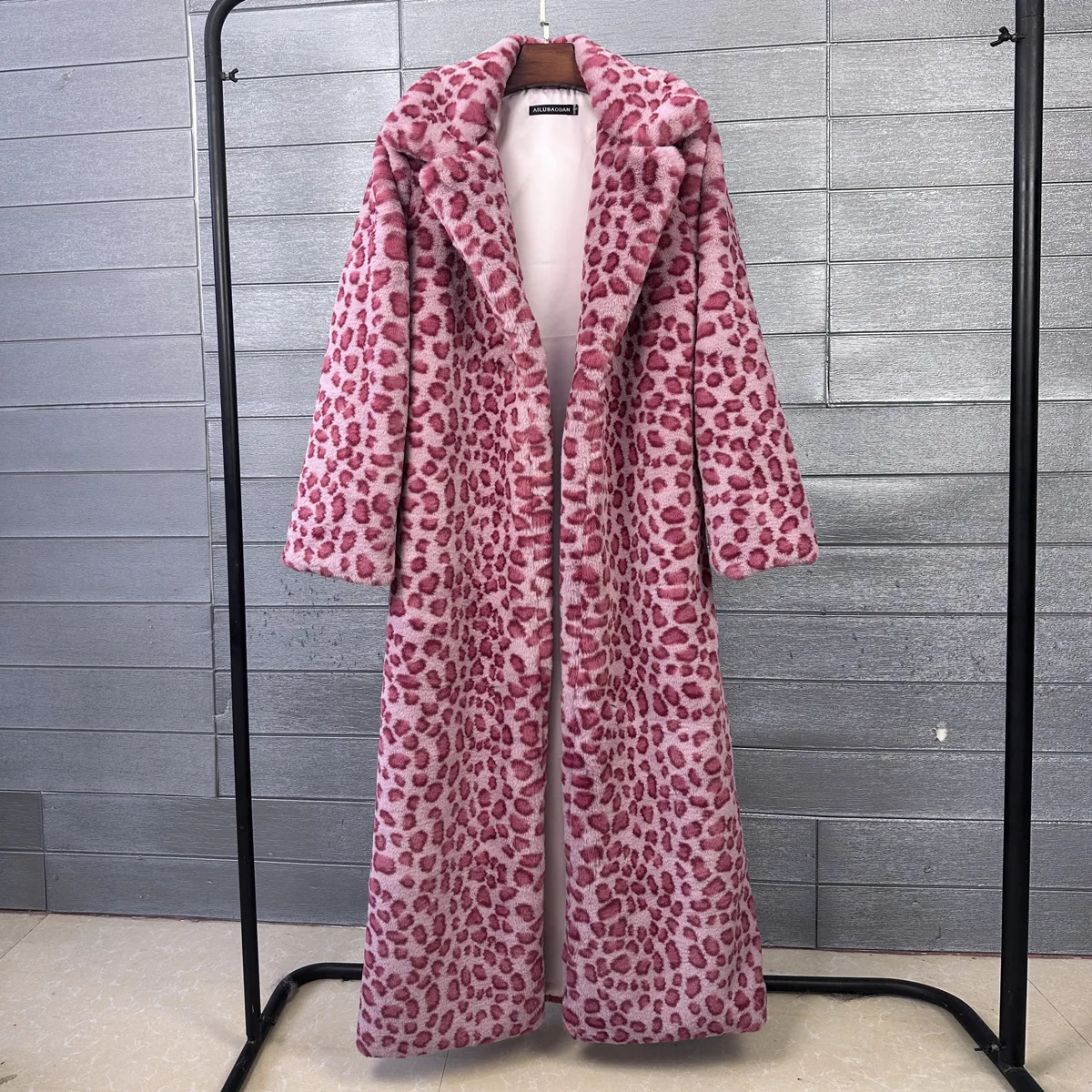Women Extra Long Faux Rabbit Fur Coat Lapel Collar Pink Leopard Print Fluffy Warm Winter Faux Fur Overcoat