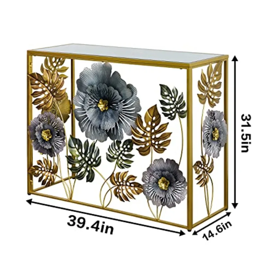 طاولة وحدة التحكم طاولة أريكة فنية عتيقة مع ديكور زهور معدنية طاولات مدخل مع مرآة زجاجية منضدية خلف أريكة rrow أ #3