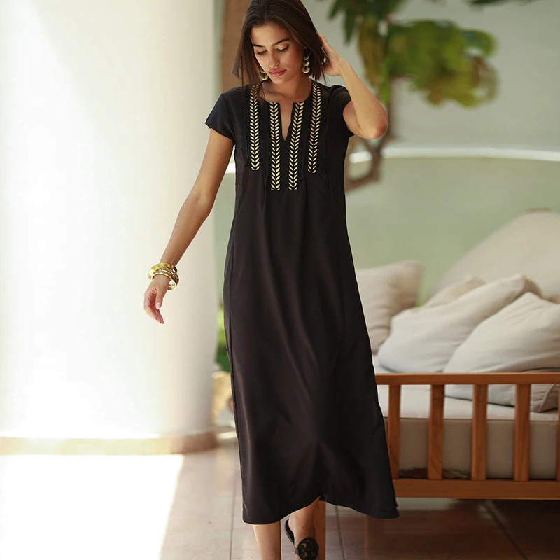 Elegant Black Gold Embroidered Beach Maxi Dress Women Swimwear Cover Up Casual Vacation Outfit