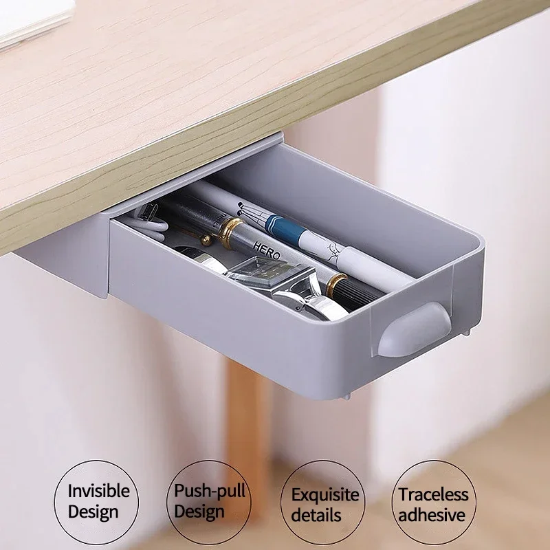 Rectangle Hidden Storage Box Under The Desk Self-Adhesive Drawer Storage Box Pen Stationery Sundries Case Sliding Organizer