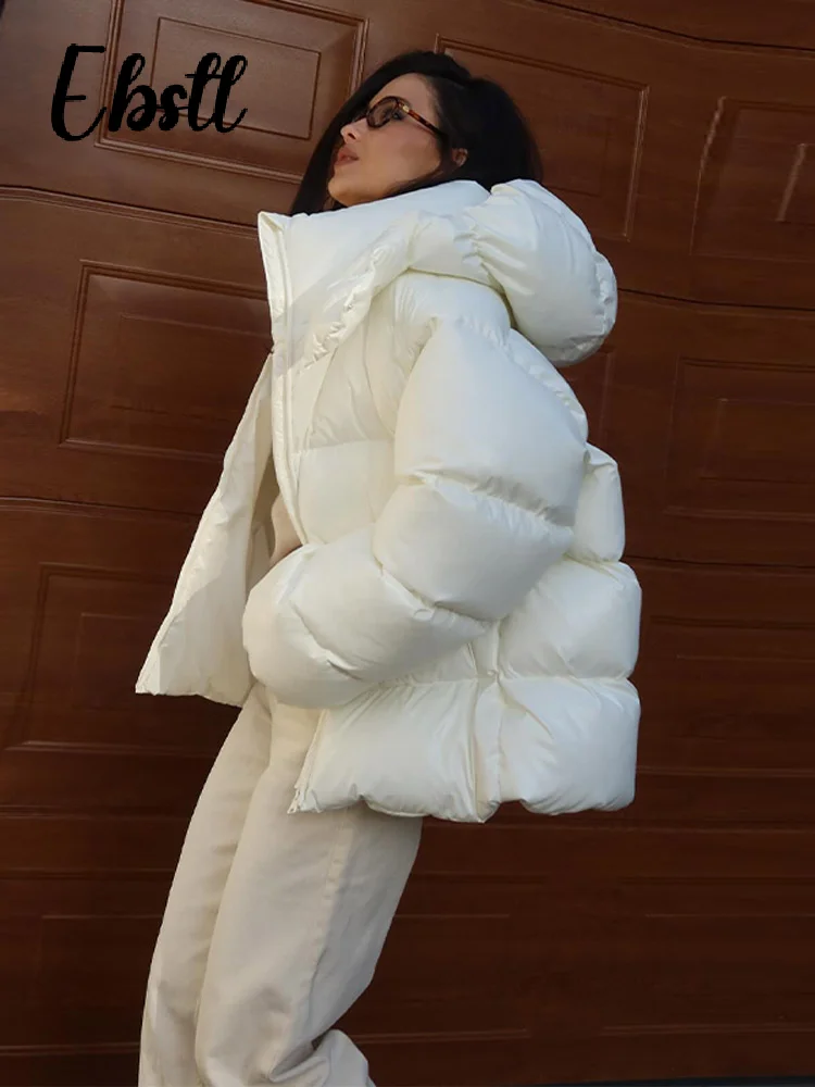 معطف قطني لامع بقلنسوة لامع من High Street للنساء بياقة واقفة وسحاب فضفاض وأكمام طويلة سترة مبطنة لشتاء 2025 ملابس خارجية جديدة