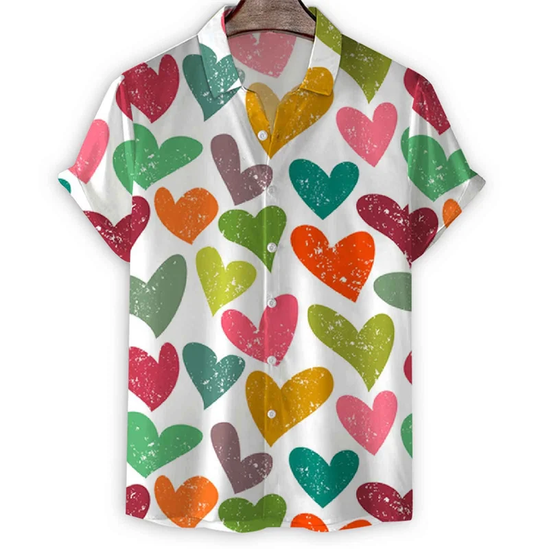 Cartoon 3d Print Love Heart Hawaiian Shirt Men Women Summer Short Sleeve Tees Lapel Button Shirts Tops Street Oversized Blouse