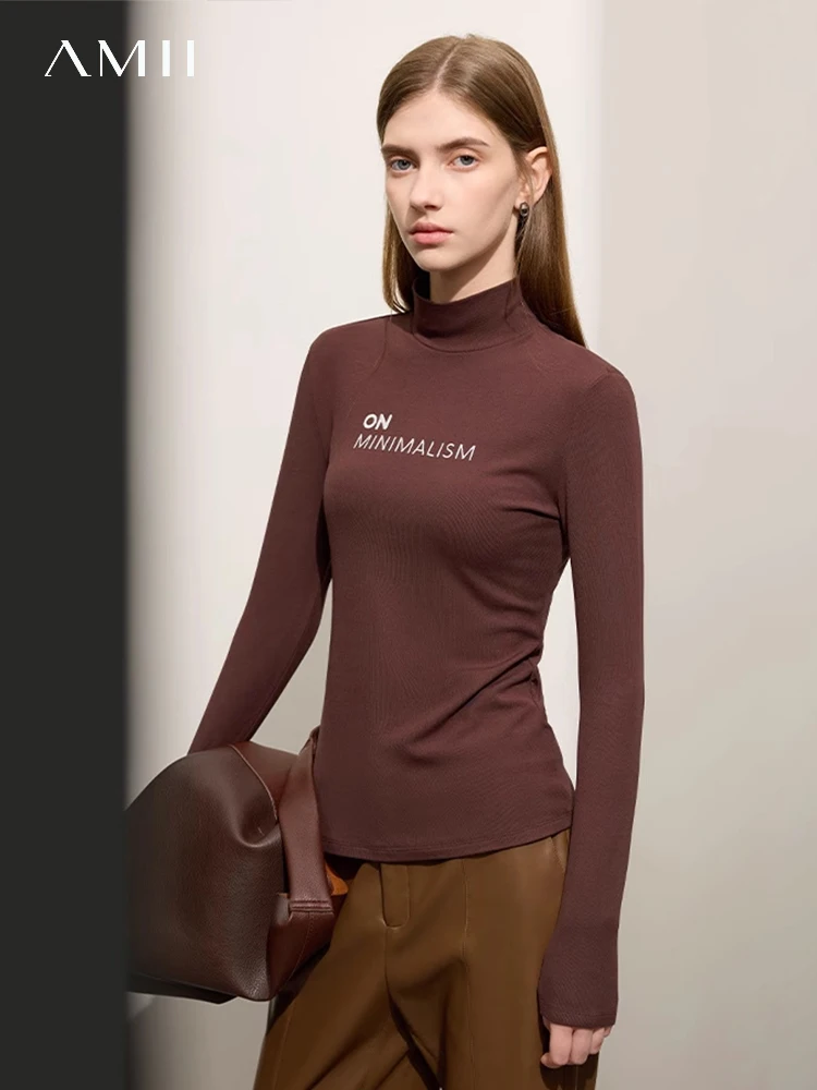 AMII Minimalism T shirt for Women 2023 Embroidery Letter Autumn Slim Fit All Match Base Top Turtleneck Full Sleeve Tees 12323041