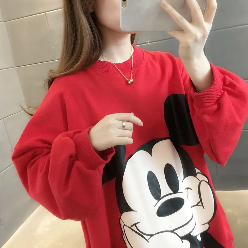 Disney 2023 Anime Big Mickey Mouse Print Loose Sweatshirt Autumn Winter Cartoon Velvet Pullover Top Plus Size