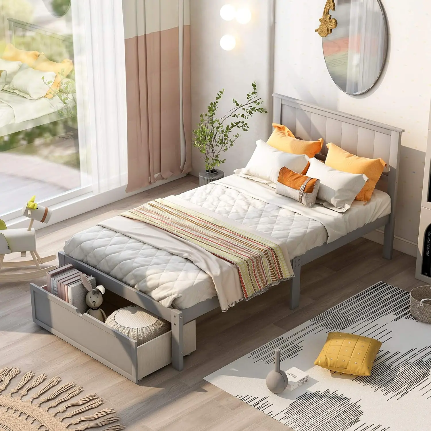King Size Platform Bed with Bookcase Headboard and Storage Drawers, Wood King Storage Bed Frame with USB, White image 6