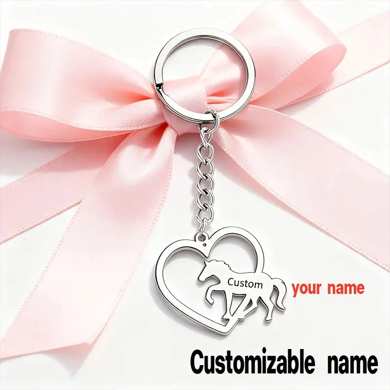 

Custom Personalized Heart Horse Keychain Name Goldn Horse Charm Nameplate Stainless Steel Equestrian Birthday Gift Men's Jewelry