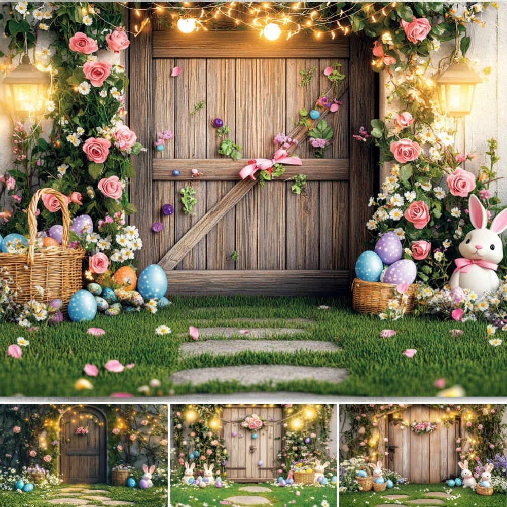 

Spring Photography Backdrop Easter Eggs Flower Bunny Garden Colorful Rabbit Kids Birthday Party Decor Photo Background Props