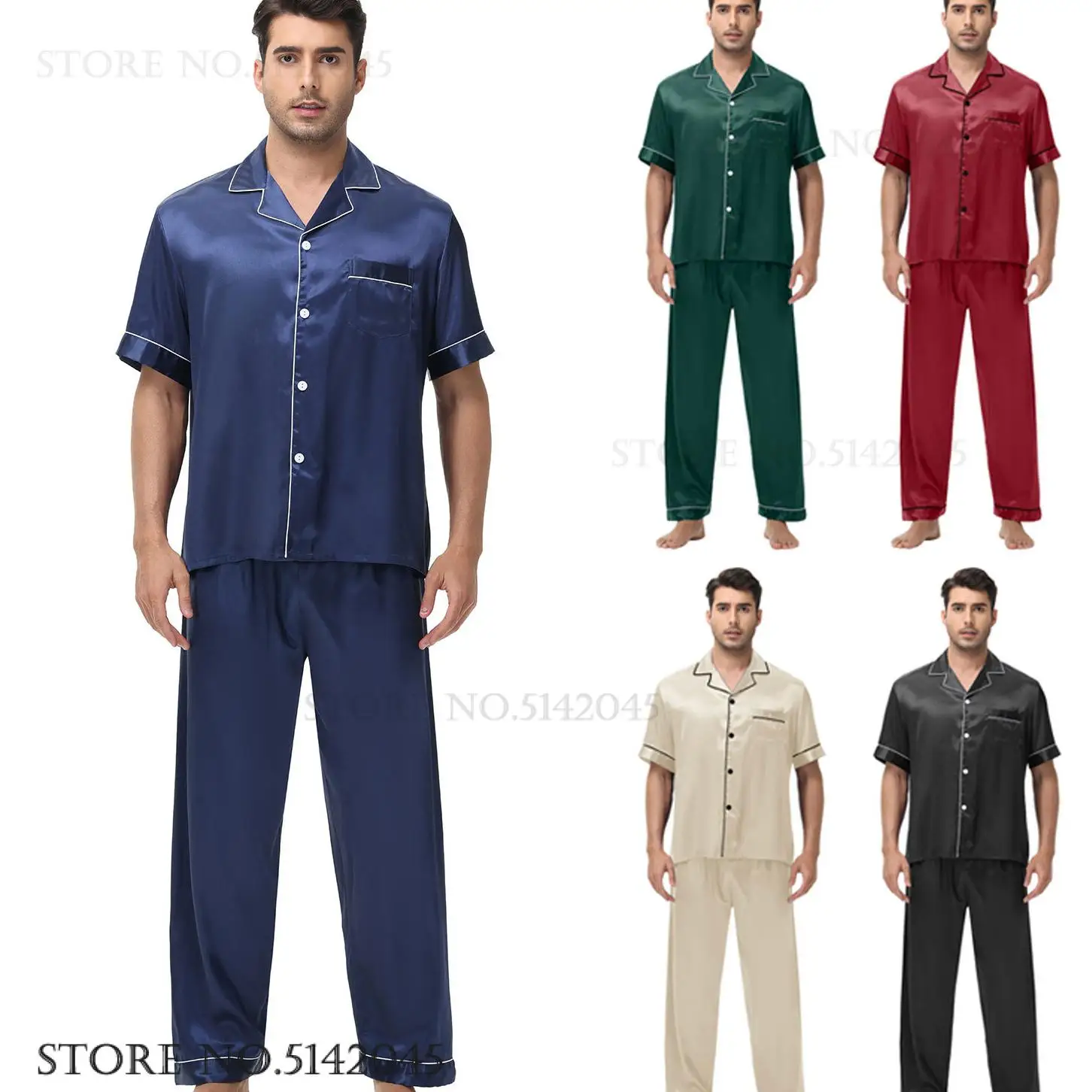 

MEN PAJAMAS Spring Summer New Sleepwear Home Clothes SILK Satin Short Sleeve trouser suits Nightwear Loose Casual Loungewear