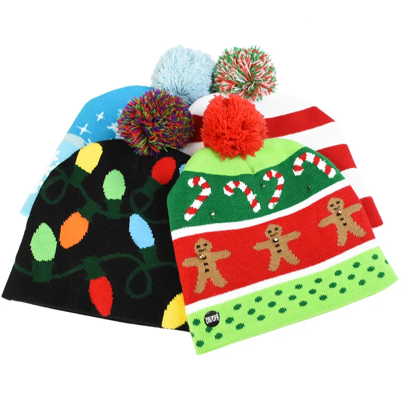 Led Christmas Hats Sweater Santa Elk Knitted Beanies Hat Light Up Xmas Hat with Led for Adults Kids New Year Gifts Winter Supply