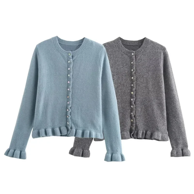 

2024 Woman Ruffled Crop Cardigan Autumn Blue Grey Knitwear Women's Sweater Ruched Long Sleeve Outwear Korean Style Cardigan