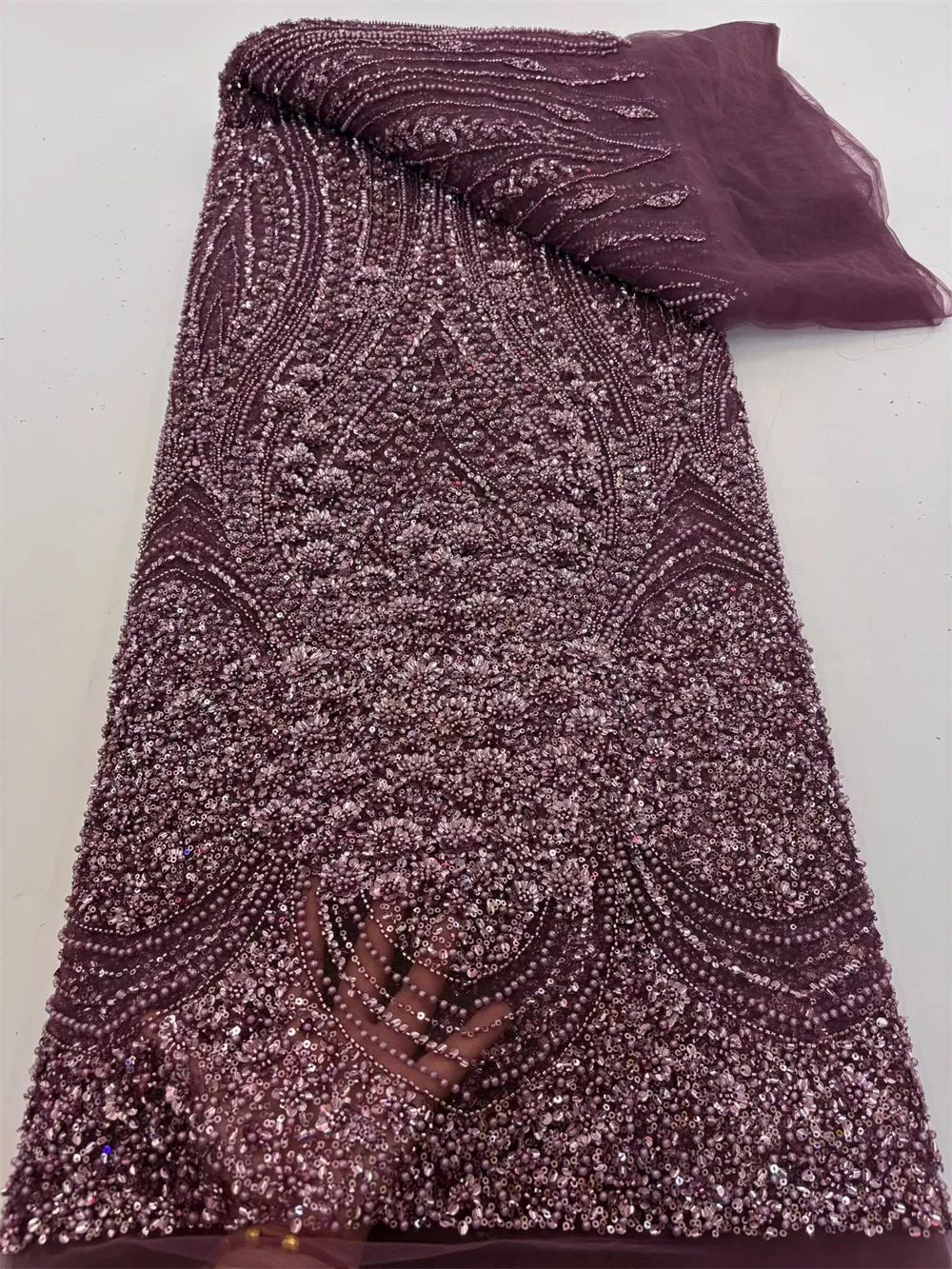 African Heavy Beaded Lace Fabric 2025 High Quality Nigerian Sequin Pearl Lace French Tulle Fabric For Wedding Party Dress H148-1