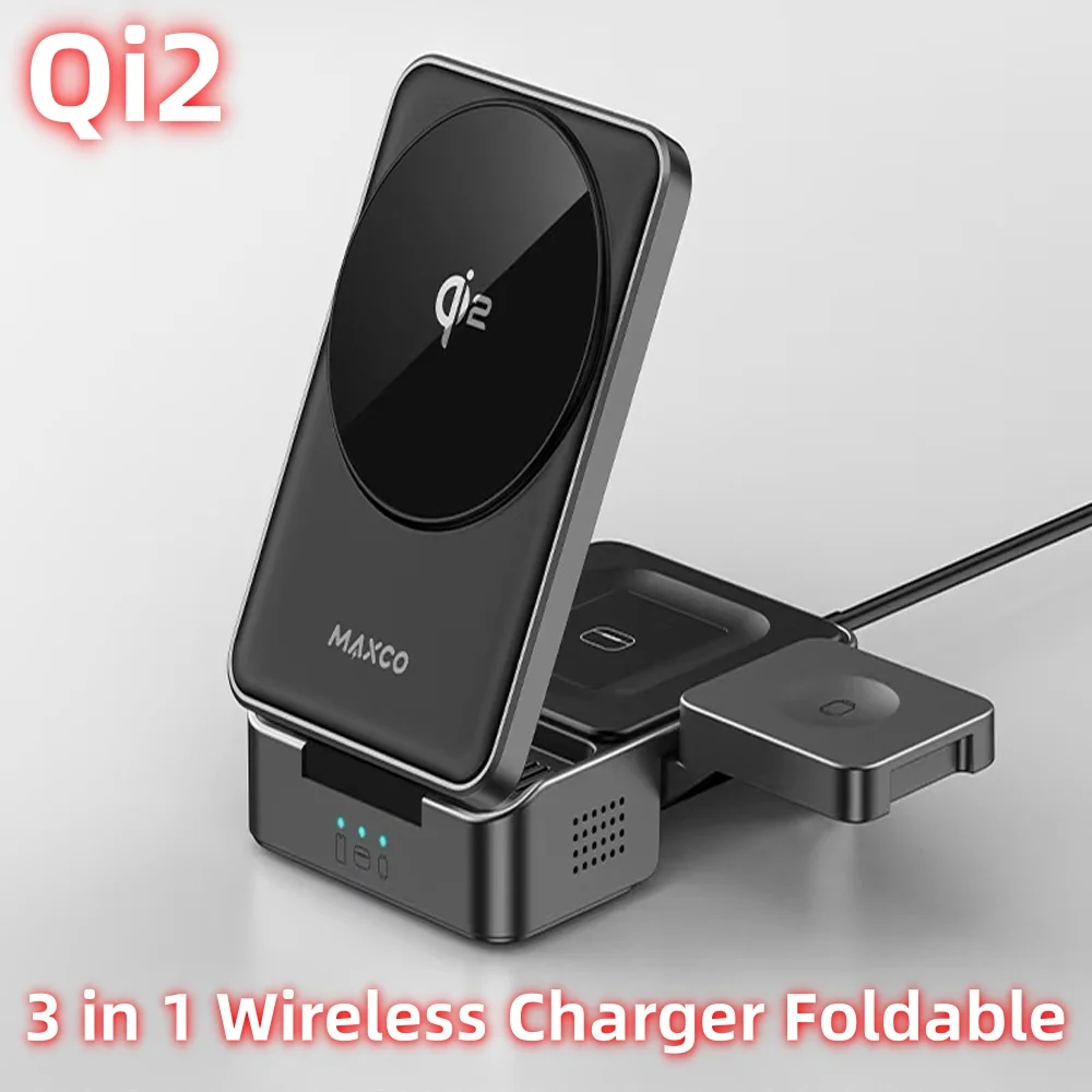 

Qi2 3 in 1 Wireless Charger Foldable Qi2 Certified 15W Magnetic Travel Charger for IPhone 16/15/14, 5W for Apple Watch, AirPods