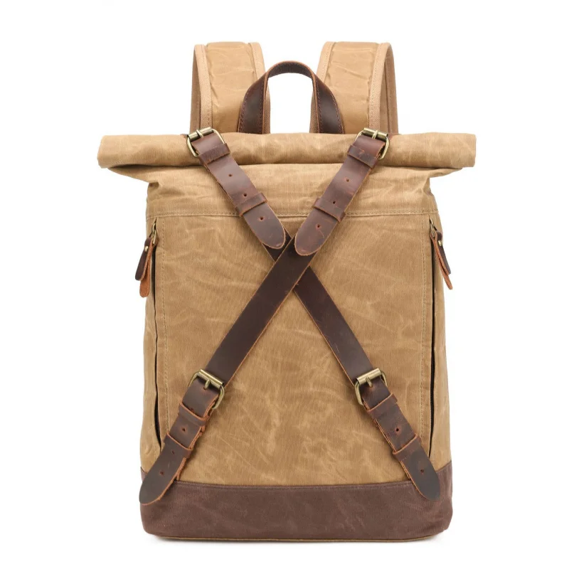 New Retro Waterproof Oil Wax Canvas Bag European and American Outdoor Travel Backpack Laptop Backpack Crazy Horse Leather