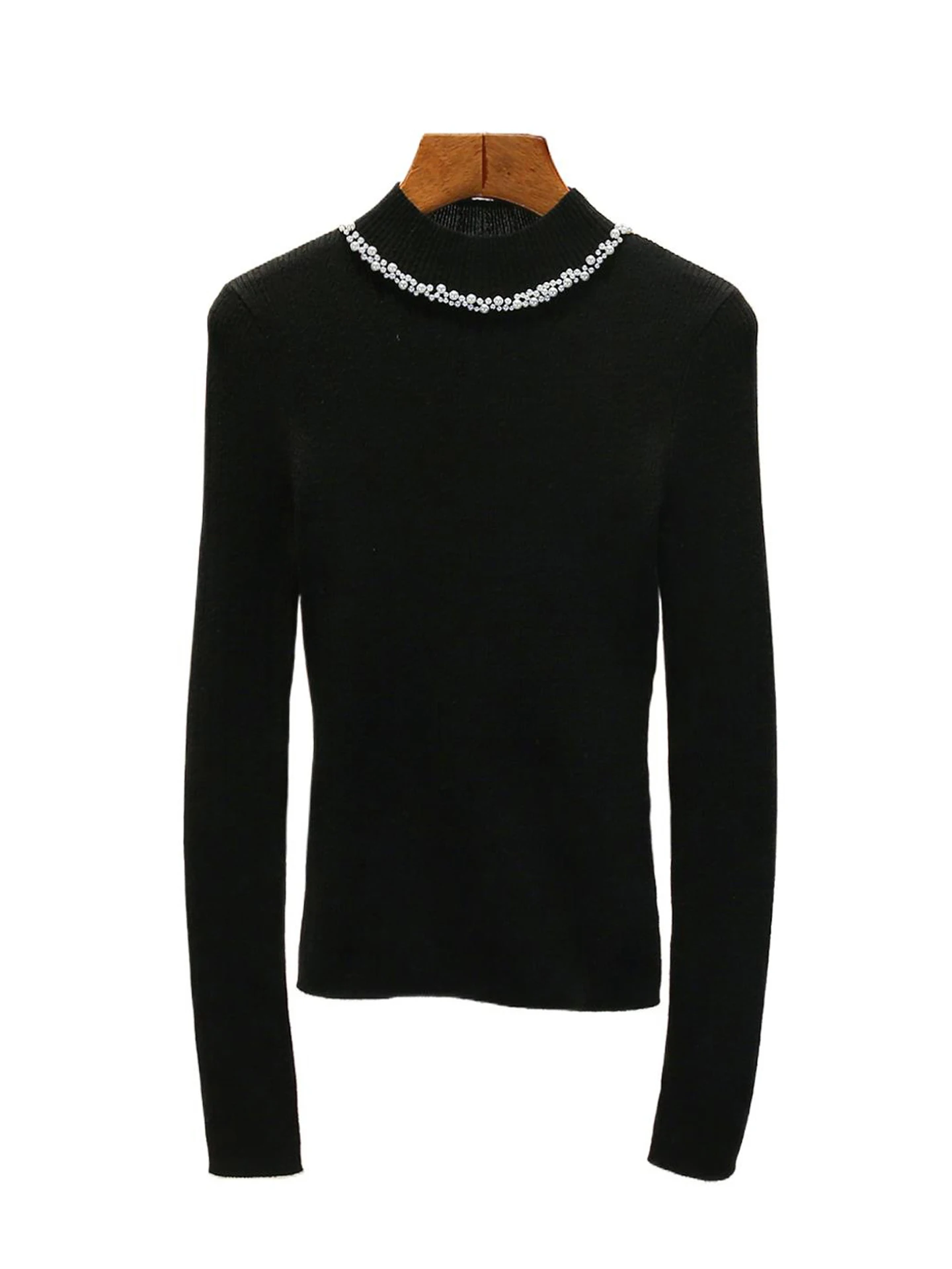 French Sle Slim Fit Knitted Sweater Women's Base Layer Top with Beads Autumn Winter Faion Versatile High End Ladies' Wear