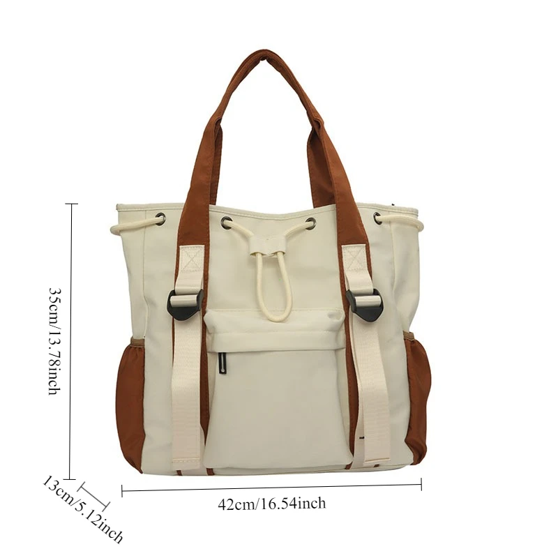 

Splash Proof Nylon Fabric Shoulder Crossbody Bags for Women Multi-pocket Drawstring Tote Bag Large Capacity Student Book Handbag