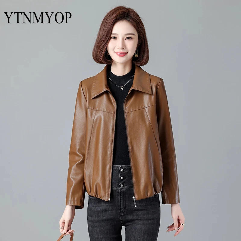 Spring Leather Jacket Women Turn-Down Collar Solid Elegant Suede Clothing M-3XL Office Lady Zipper Jacket Coat