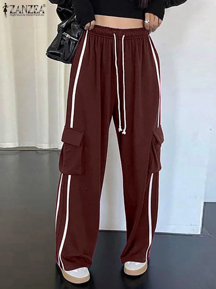 

ZANZEA High Waist Casual Loose Pantalon Korean Fashion Women 2025 Spring Solid Wide Leg Pants Contrasting-Stripe Sporty Trousers