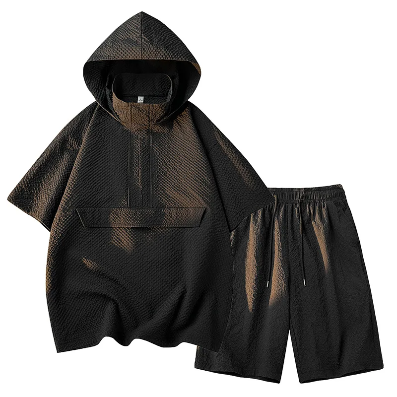 GELITAYIN Summer T-shirt Shorts Set For Men Trendy Brand Hooded Short Sleeves Loose Pullover Half Zipper Two Piece Quick Drying