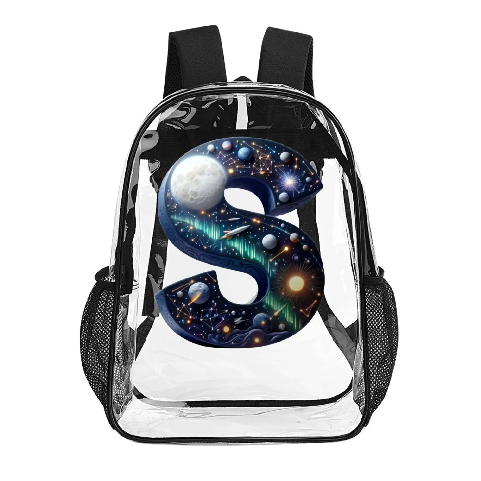 

16 in PVC Clear Backpack, Transparent Bag with S Letter Moon Space Pattern, Versatile Gift for School, Outdoor & Daily Use