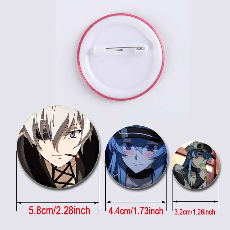 Anime Akame Ga Kill Brooches Creative Tinplate Plastic Button Pins Badge for Backpack Clothes Accessories Gifts 32/44/58mm