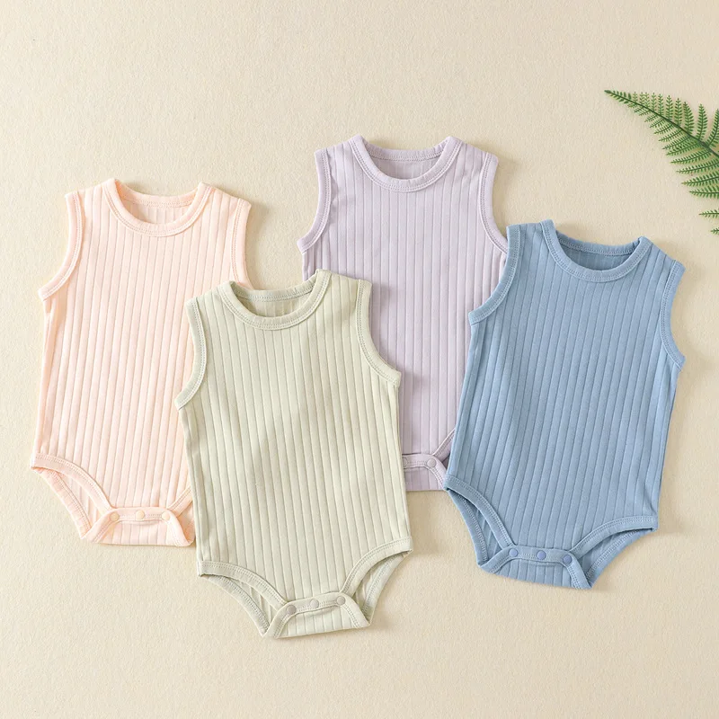 Newborn Baby Rompers Toddler Boys Girls Summer Ribbed Sleeveless Bodysuit Jumpsuit Pure Cotton Infant Knitted Romper Solid Color