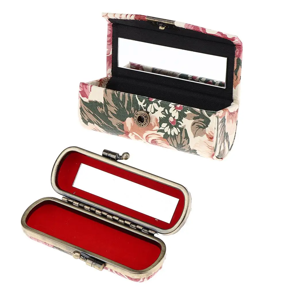 Makeup Holder Case PU Leather Lip Balm Storage Box with Mirror for Purse