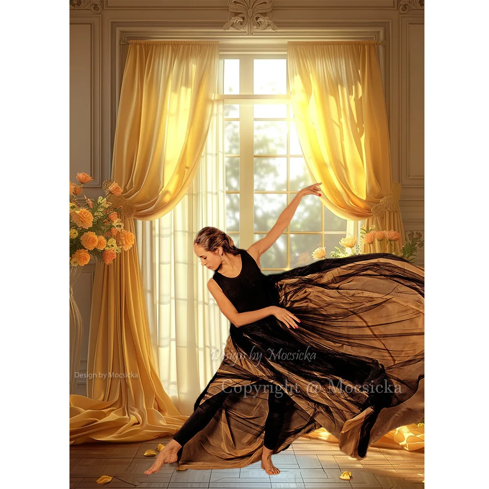 여아용 사진 배경, 결혼식 생일 파티 배경, 노란색 커튼 창 꽃 장식, 출산 예술 초상화 사진