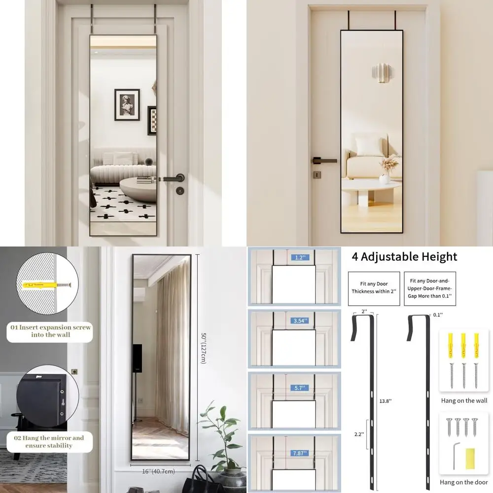 

16 x 50 Adjustable Height Door Mirror with Tempered Glass for Home Use in Various Rooms - Black