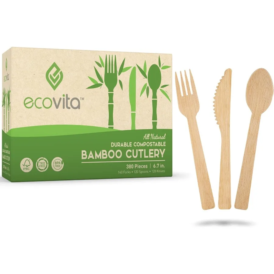 

100% Bamboo Forks Spoons Knives Cutlery Combo Set - 380 Large Compostable Disposable Utensils 7 in. Eco Friendly Durable and Tr