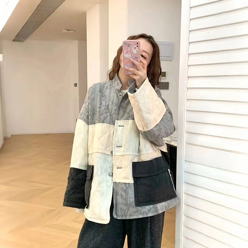 

Новый китайский Sle мягкий силуэт лоскутного цвета Blo Du down Jaet воротник-стойка ретро синий ранний весенний модный