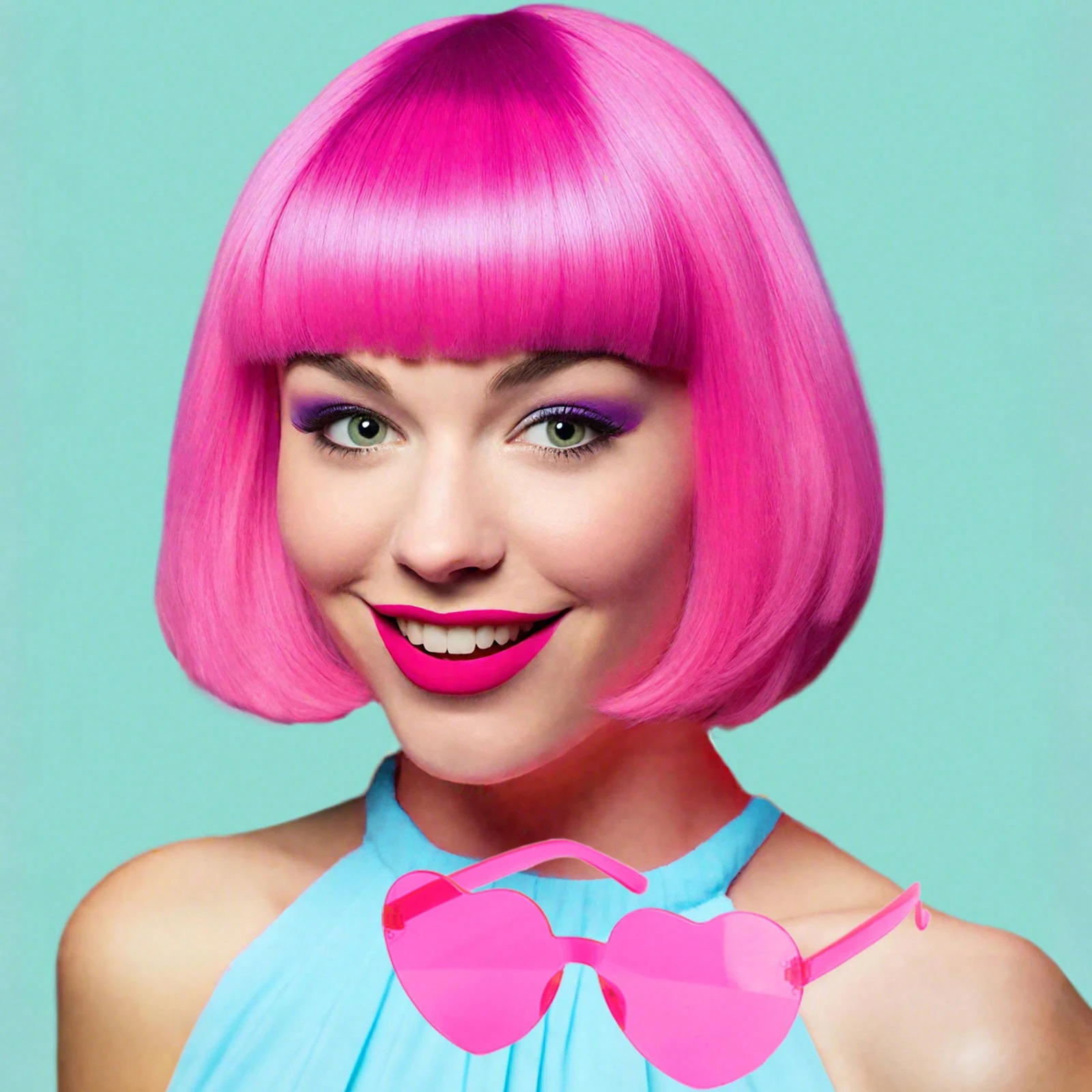 Costume Colorful Cosplay Party Synthetic Wigs With Heart Shape Glasses Set, Neon Short Bob Daily Party Hairpieces For Bachelor