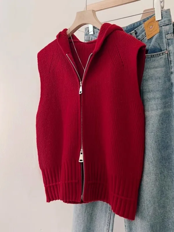 

Red Hooded Knitted Vest Large Size Women's Faion Loose Svel Open Cardigan Outerwear Autumn Winter Student Commute Sle