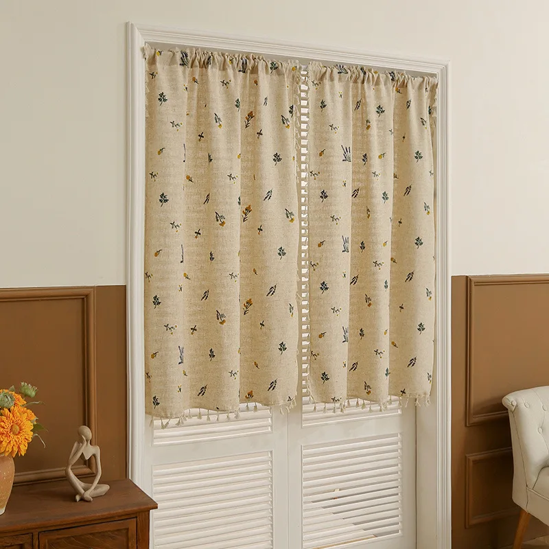 

Farmhouse Vintage Cotton Linen Short Curtain with Tassel Floral Blackout Drapes Window Curtains for Living Room Bedroom Luxury