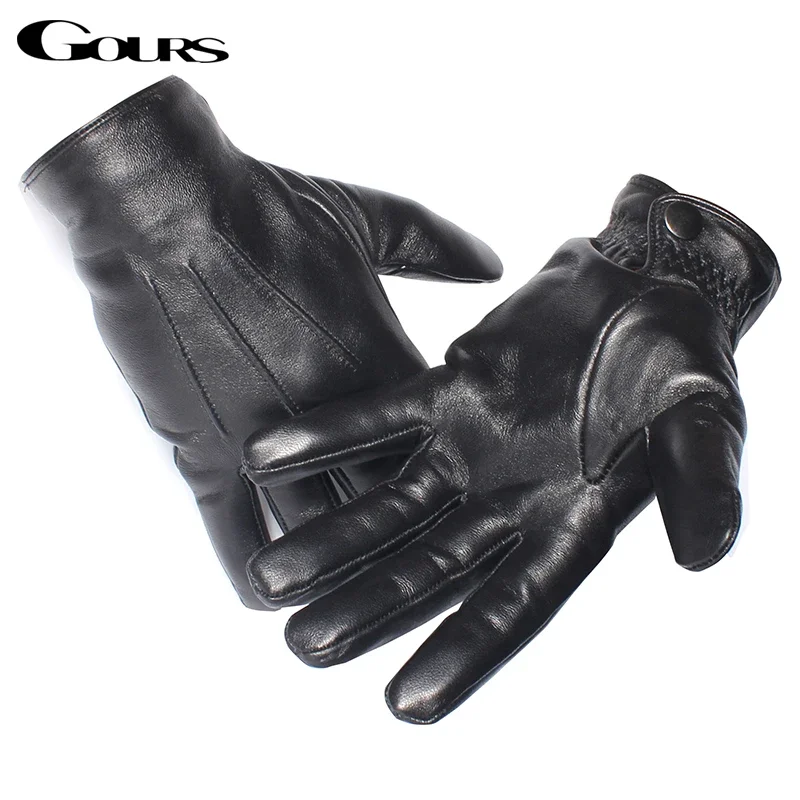 Gours Men\'s Genuine Leather Gloves Real Sheepskin Black Touch Screen Gloves Button Fleece Lining Winter Warm Mittens New GSM050