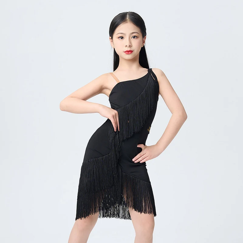 

Black Off-Shoulder Latin Dance Dress Girls Fringe Competition Dress Rumba ChaCha Dancing Clothes Summer Practice Wear DL10583