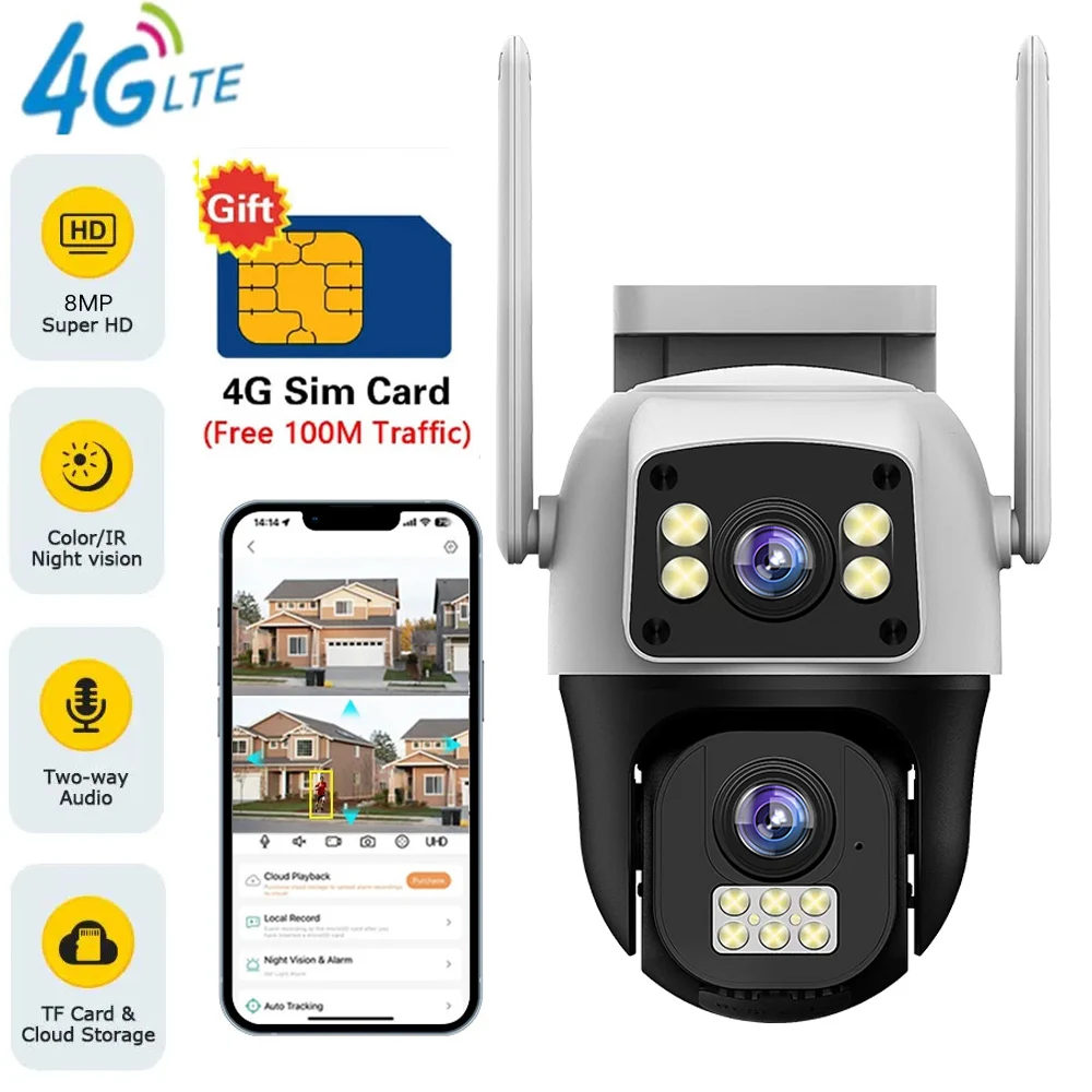

Dual Lens 4G IP Camera 4K 8MP Surveillance Camera PTZ Night Vision 10X Zoom Motion Detect Outdoor Home CCTV Security Protection