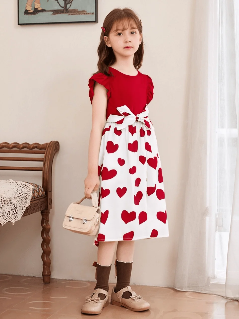 Sweet and elegant girl spliced heart-shaped pattern belt dress, summer party Valentine's Day, popular style